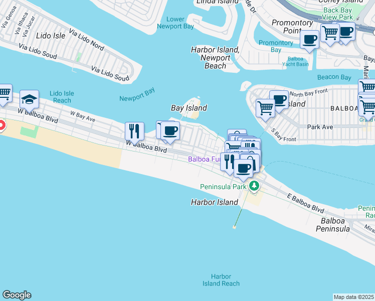 map of restaurants, bars, coffee shops, grocery stores, and more near 304 Medina Way in Newport Beach