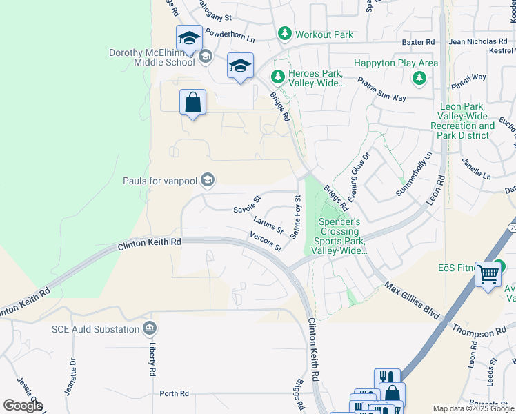 map of restaurants, bars, coffee shops, grocery stores, and more near 30305 Savoie Street in Murrieta