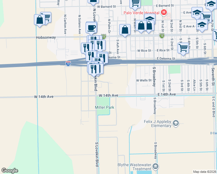map of restaurants, bars, coffee shops, grocery stores, and more near West Wells Street in Blythe