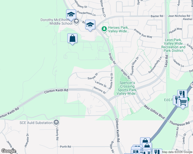 map of restaurants, bars, coffee shops, grocery stores, and more near 30305 Savoie Street in Murrieta