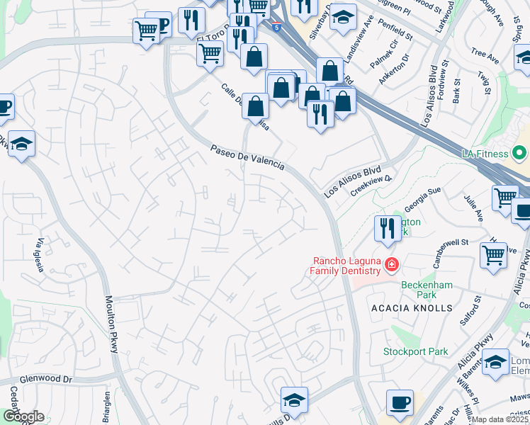 map of restaurants, bars, coffee shops, grocery stores, and more near 207 Avenida Majorca in Laguna Woods