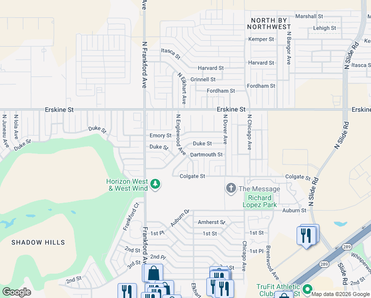 map of restaurants, bars, coffee shops, grocery stores, and more near 417 North Englewood Avenue in Lubbock