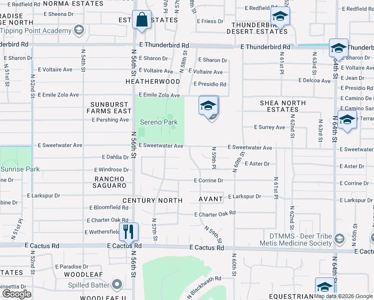 map of restaurants, bars, coffee shops, grocery stores, and more near 5901 East Sweetwater Avenue in Scottsdale