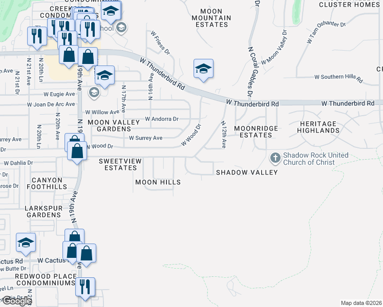 map of restaurants, bars, coffee shops, grocery stores, and more near 1451 West Wood Drive in Phoenix