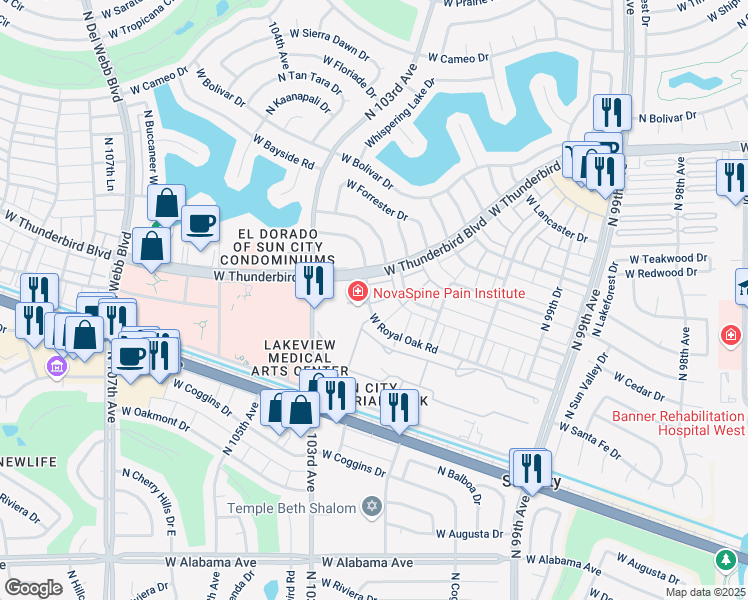 map of restaurants, bars, coffee shops, grocery stores, and more near 10060 West Royal Oak Road in Sun City