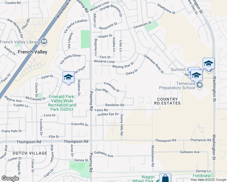 map of restaurants, bars, coffee shops, grocery stores, and more near 32204 Yosemite Street in Winchester