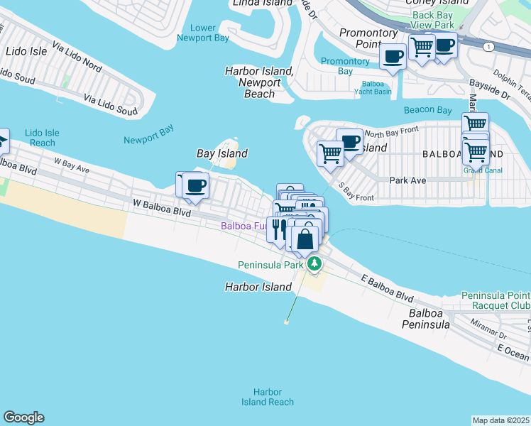 map of restaurants, bars, coffee shops, grocery stores, and more near 315 Fernando Street in Newport Beach