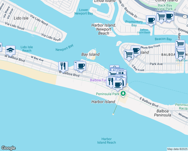 map of restaurants, bars, coffee shops, grocery stores, and more near 304 Medina Way in Newport Beach