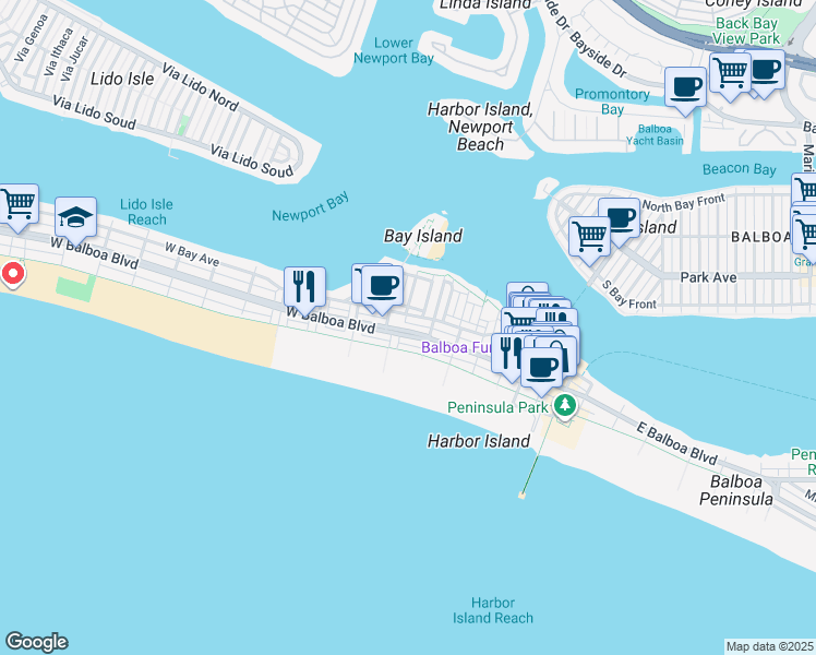 map of restaurants, bars, coffee shops, grocery stores, and more near 104 East Bay Avenue in Newport Beach