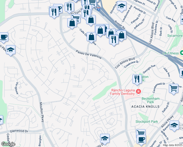 map of restaurants, bars, coffee shops, grocery stores, and more near 203 Avenida Majorca in Laguna Woods