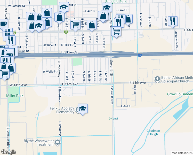 map of restaurants, bars, coffee shops, grocery stores, and more near 421 Alice Lane in Blythe