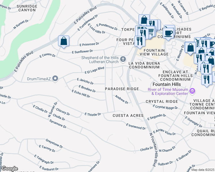 map of restaurants, bars, coffee shops, grocery stores, and more near 12851 North Mimosa Drive in Fountain Hills