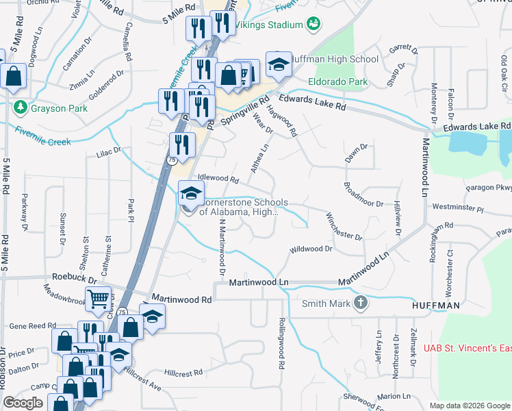 map of restaurants, bars, coffee shops, grocery stores, and more near 817 Idlewood Road in Birmingham