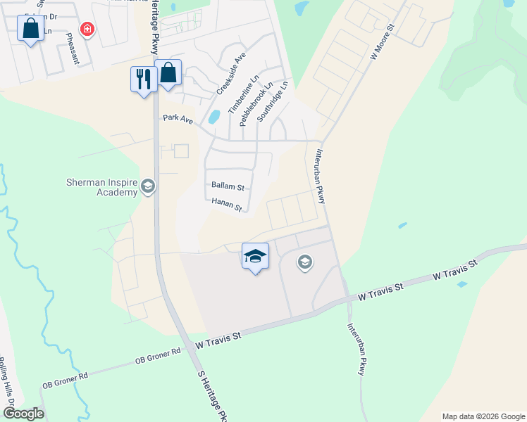 map of restaurants, bars, coffee shops, grocery stores, and more near 2311 Southridge Lane in Sherman