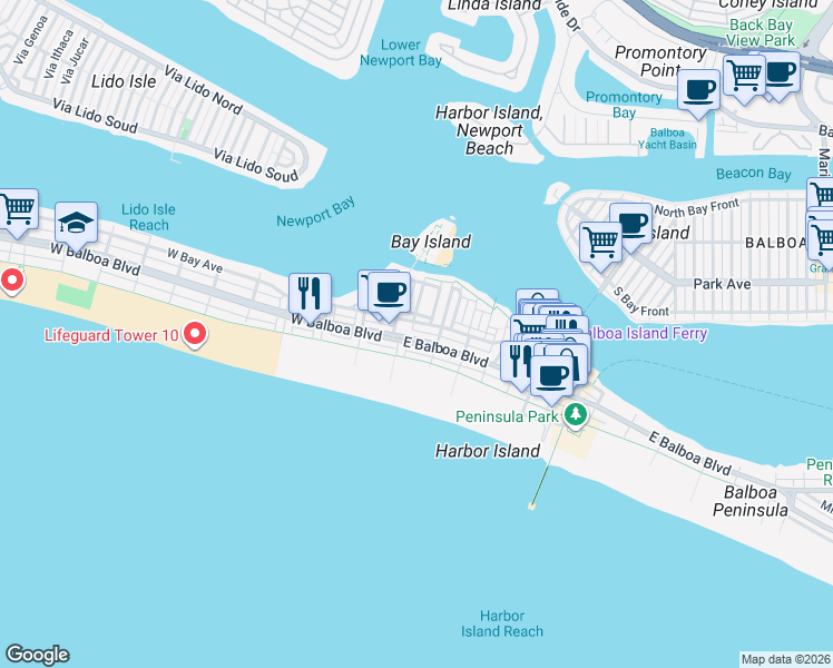 map of restaurants, bars, coffee shops, grocery stores, and more near 104 East Bay Avenue in Newport Beach
