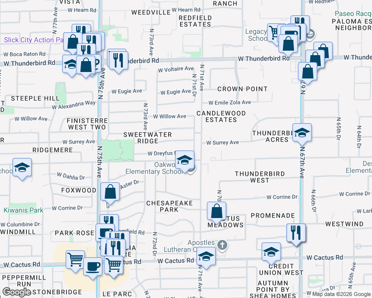map of restaurants, bars, coffee shops, grocery stores, and more near 137 West Surrey Avenue in Peoria