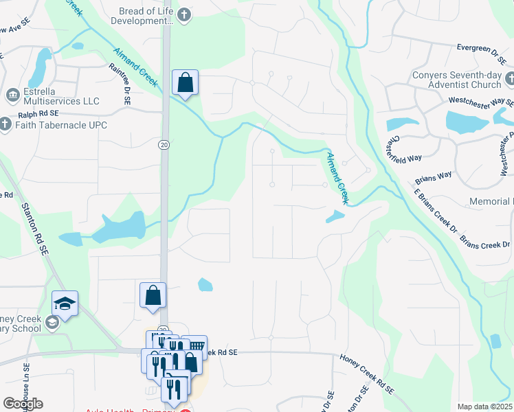 map of restaurants, bars, coffee shops, grocery stores, and more near 2047 Reflection Creek Drive in Conyers