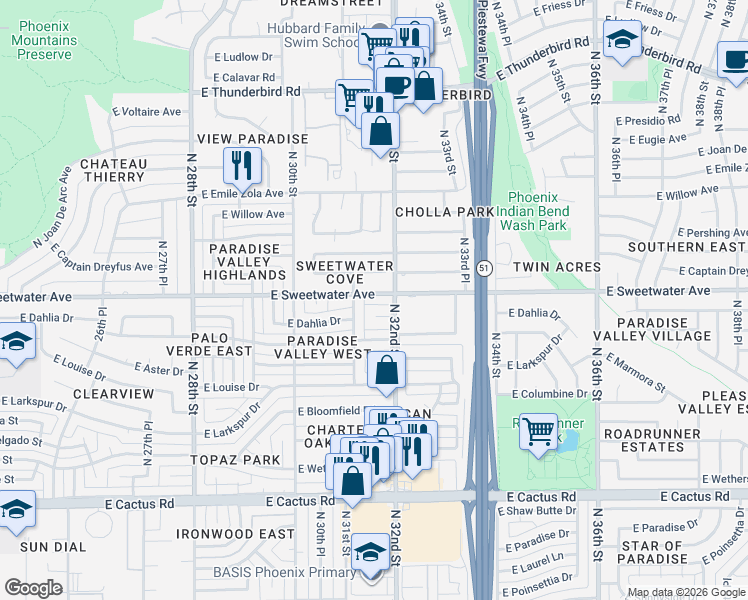 map of restaurants, bars, coffee shops, grocery stores, and more near 3138 East Captain Dreyfus Avenue in Phoenix