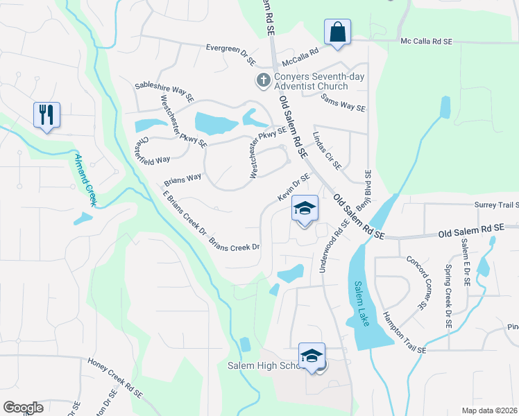 map of restaurants, bars, coffee shops, grocery stores, and more near 2616 Westchester Parkway Southeast in Conyers