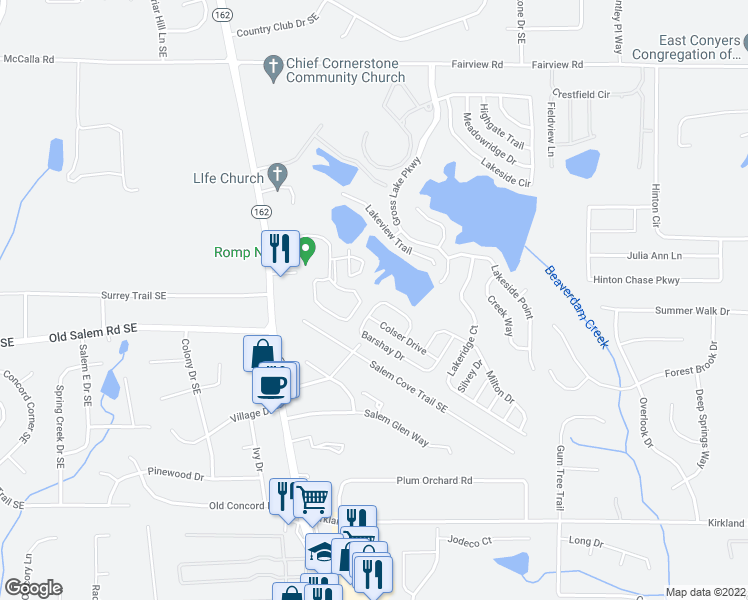 map of restaurants, bars, coffee shops, grocery stores, and more near 555 Barshay Drive in Covington