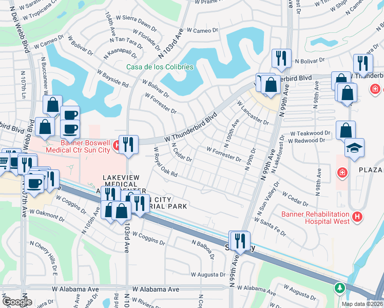 map of restaurants, bars, coffee shops, grocery stores, and more near 13235 North Cedar Drive in Sun City