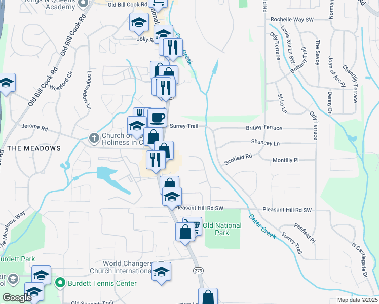 map of restaurants, bars, coffee shops, grocery stores, and more near 5355 Willow Park Boulevard in Atlanta
