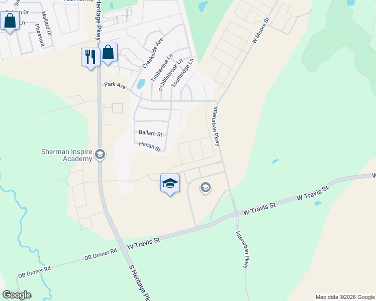 map of restaurants, bars, coffee shops, grocery stores, and more near 2311 Southridge Lane in Sherman