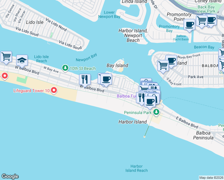map of restaurants, bars, coffee shops, grocery stores, and more near 112 East Balboa Boulevard in Newport Beach