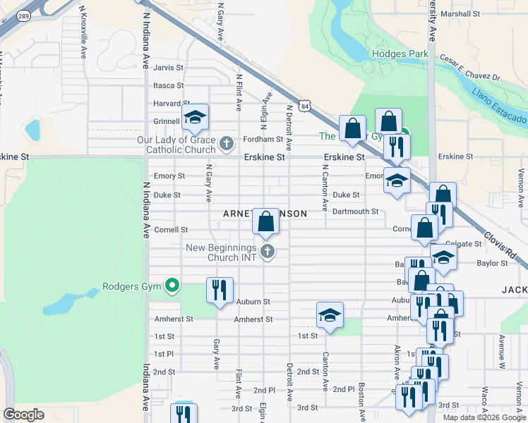 map of restaurants, bars, coffee shops, grocery stores, and more near North Elgin Avenue in Lubbock