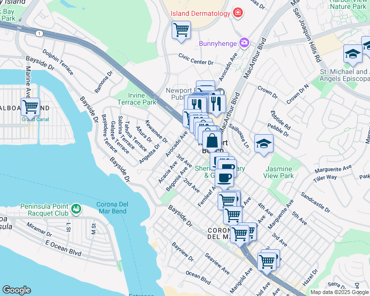 map of restaurants, bars, coffee shops, grocery stores, and more near 615 Acacia Avenue in Newport Beach