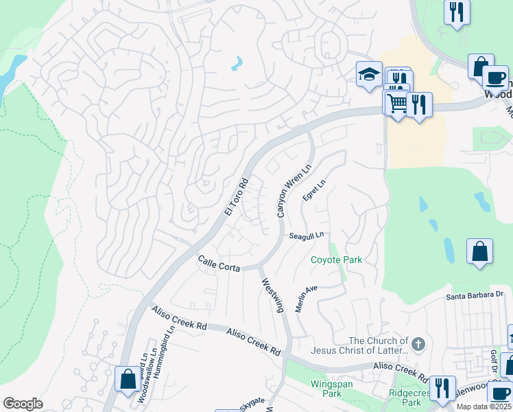map of restaurants, bars, coffee shops, grocery stores, and more near 14 Tricolored Lane in Aliso Viejo