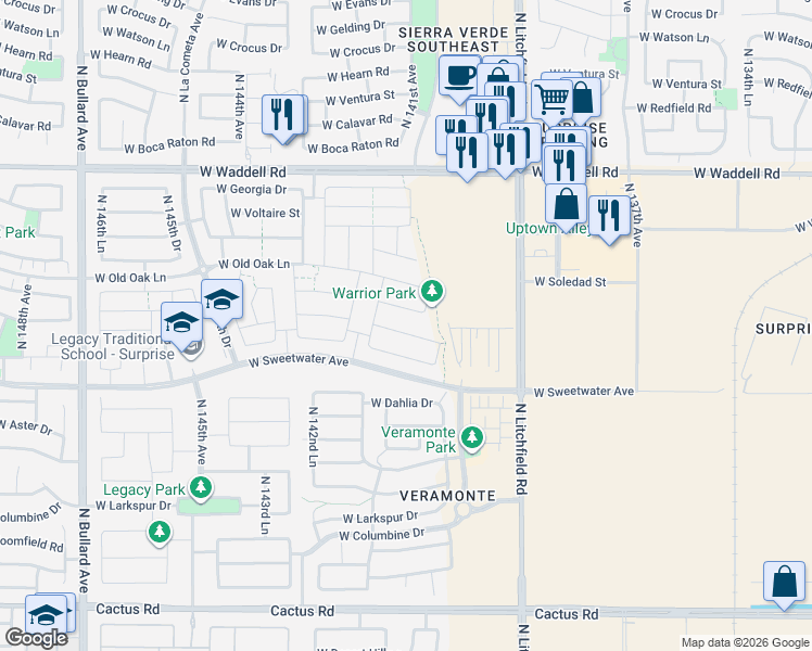map of restaurants, bars, coffee shops, grocery stores, and more near 14105 West Pershing Street in Surprise