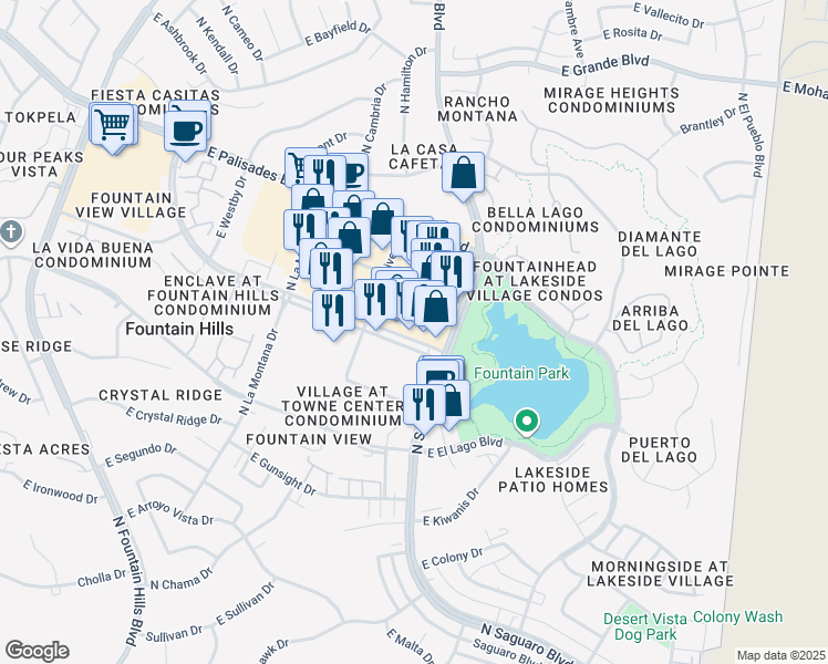 map of restaurants, bars, coffee shops, grocery stores, and more near 16838 East Avenue of the Fountains in Fountain Hills