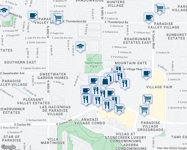 map of restaurants, bars, coffee shops, grocery stores, and more near 12844 North Paradise Village Parkway West in Phoenix