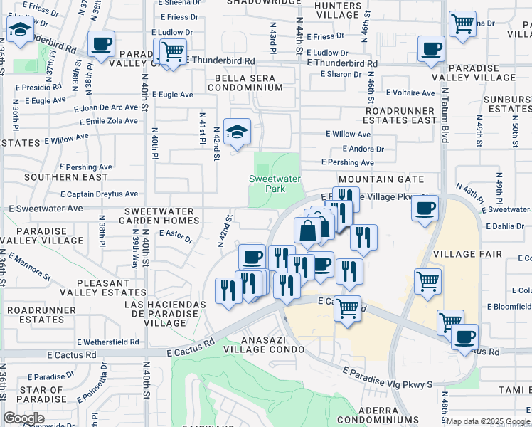 map of restaurants, bars, coffee shops, grocery stores, and more near 12844 North Paradise Village Parkway West in Phoenix