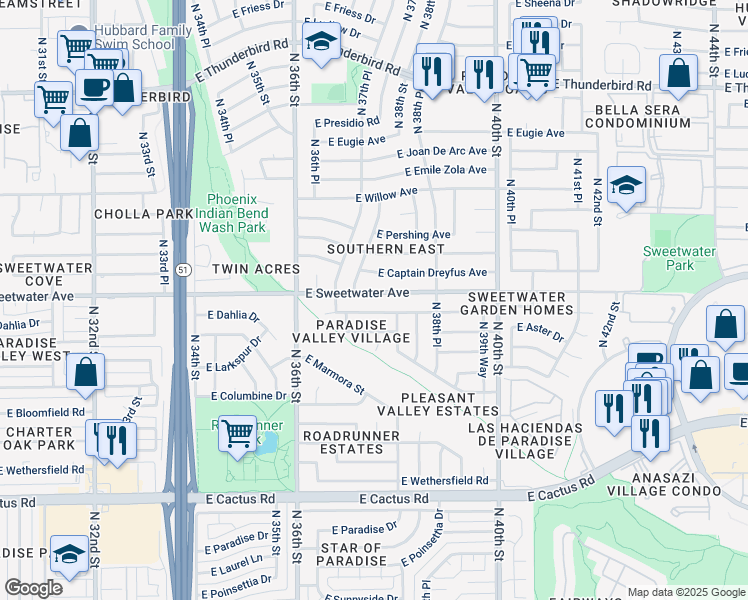 map of restaurants, bars, coffee shops, grocery stores, and more near 3758 East Sweetwater Avenue in Phoenix