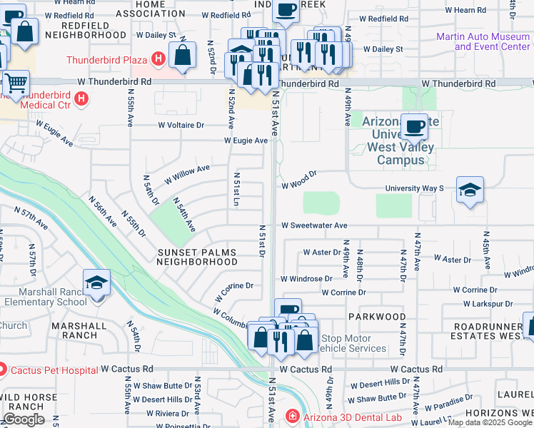 map of restaurants, bars, coffee shops, grocery stores, and more near 13025 North 51st Drive in Glendale