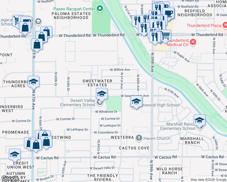 map of restaurants, bars, coffee shops, grocery stores, and more near 6116 West Wood Drive in Glendale