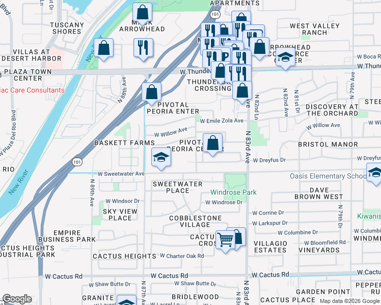 map of restaurants, bars, coffee shops, grocery stores, and more near in Peoria