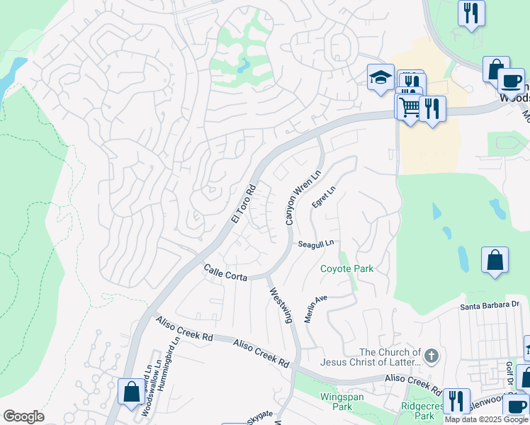map of restaurants, bars, coffee shops, grocery stores, and more near 56 Partridge Lane in Aliso Viejo