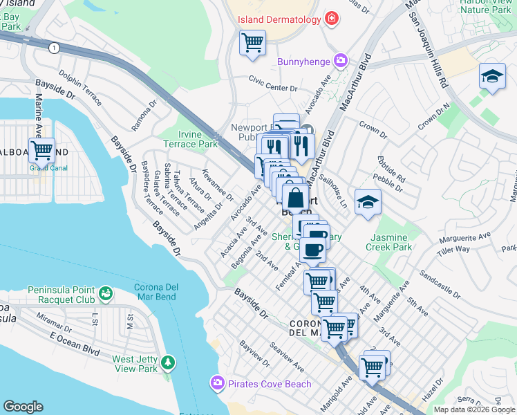 map of restaurants, bars, coffee shops, grocery stores, and more near 701 1/2 Acacia Avenue in Newport Beach