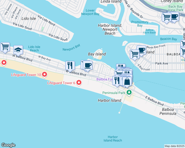 map of restaurants, bars, coffee shops, grocery stores, and more near 104 East Bay Avenue in Newport Beach