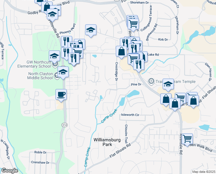 map of restaurants, bars, coffee shops, grocery stores, and more near 5554 Northcut Drive in Atlanta
