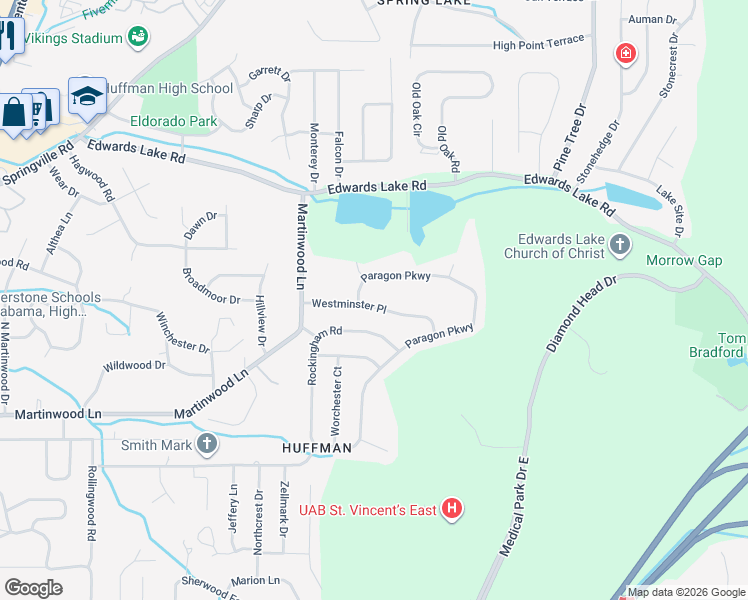 map of restaurants, bars, coffee shops, grocery stores, and more near 1497 Paragon Parkway in Birmingham