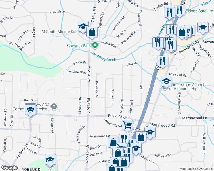 map of restaurants, bars, coffee shops, grocery stores, and more near 936 Sunset Drive in Birmingham