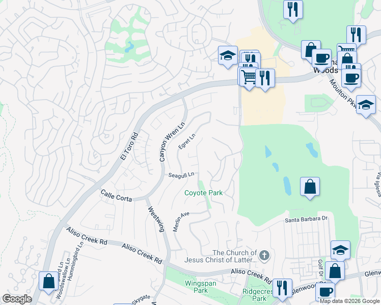 map of restaurants, bars, coffee shops, grocery stores, and more near 5 Osprey Avenue in Aliso Viejo