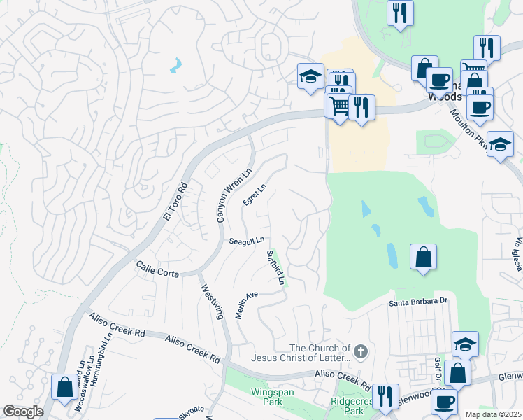map of restaurants, bars, coffee shops, grocery stores, and more near 5 Osprey Avenue in Aliso Viejo