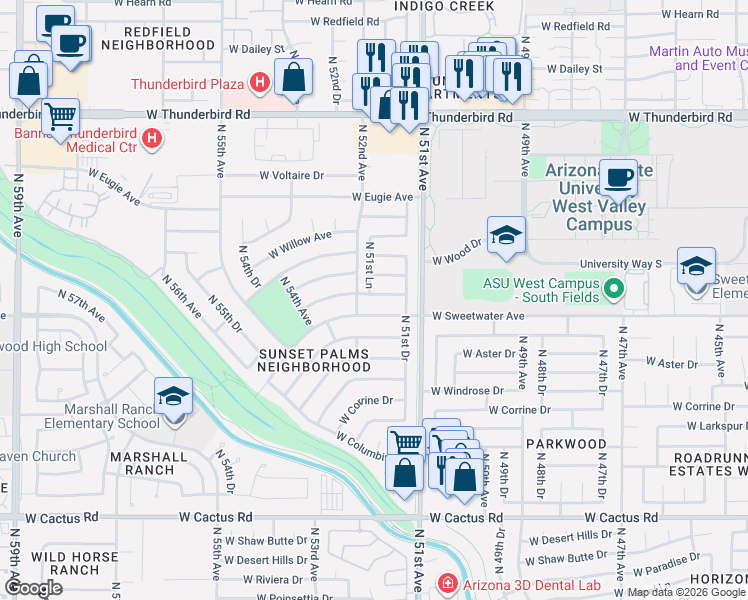 map of restaurants, bars, coffee shops, grocery stores, and more near 5126 West Wood Drive in Glendale