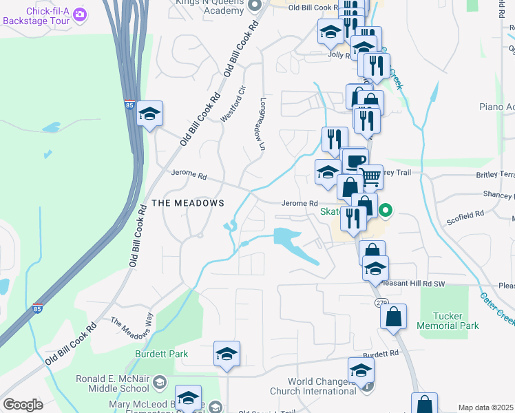 map of restaurants, bars, coffee shops, grocery stores, and more near 5405 Twin Lakes Drive in College Park