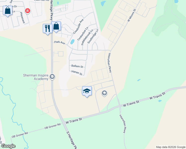 map of restaurants, bars, coffee shops, grocery stores, and more near 2311 Southridge Lane in Sherman